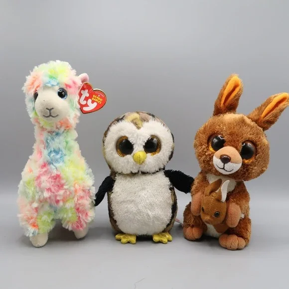 Lot of 3 Ty Beanie Boos Lola Lllama Owliver Owl Kipper Kangaroo Babies Plush Toy
