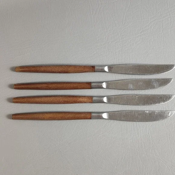 Ekco Eterna Canoe‎ Muffin Dinner Knives 4 Wood Stainless Flatware Japan MCM