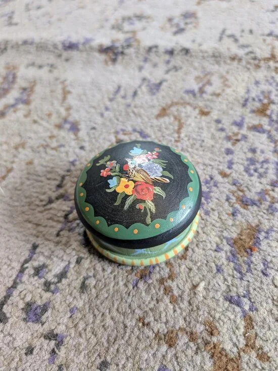 Wood Trinket Box Hand Painted Flower and Bird Jewelry Desk Container Vintage Box