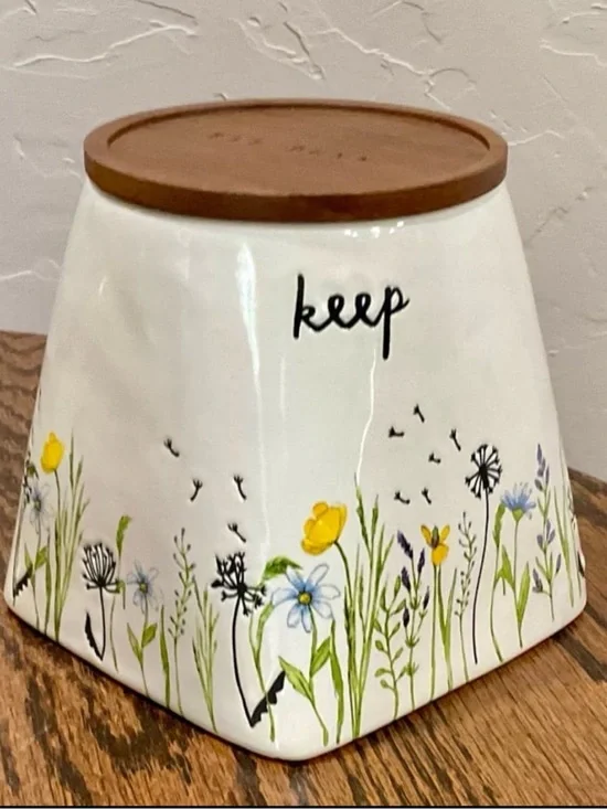 “Keep” Rae Dunn Floral Wildflower Ceramic Jar with Brown Wood Lid, 6” H x 4” D