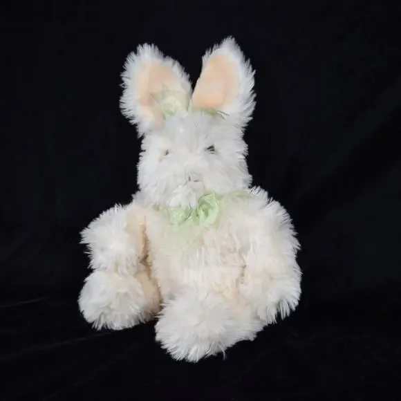Fluffy White Easter Bunny Plush Rabbit Stuffed Animal Sitting Green Bows 13