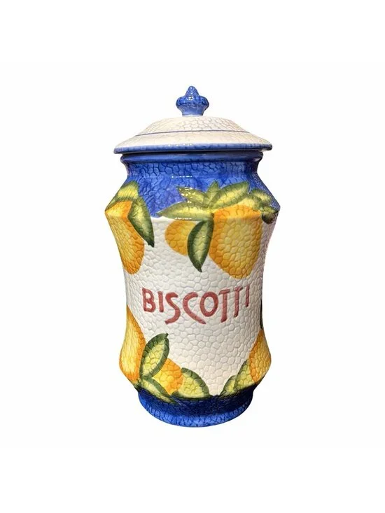 Nonni's Handmade Painted Fruit Lemon Yellow Blue Biscotti Cookie Jar Tuscan