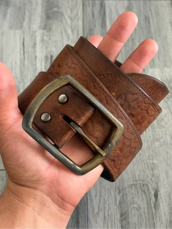 True Vintage 1950 Brown Leather Belt Brass Buckle Hidden Talon Zipper Sz 30-32