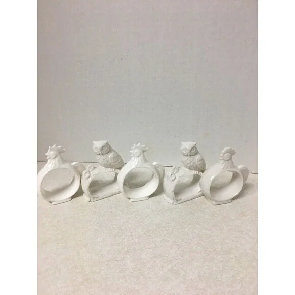 Vintage Set Of 5 Chickens And Owl Ceramic Napkin Rings 1970’s Country Decor