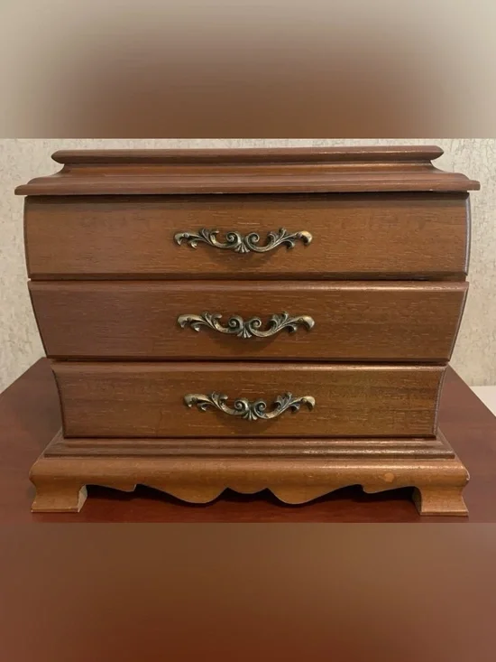 Vintage Musical Jewelry Box Japan Wooden Ornate Brass tone handles working Music