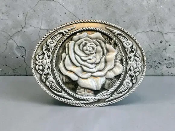 New Silver Tone 3D Rose Floral Oval Western Belt Buckle Cowgirl Cowboy