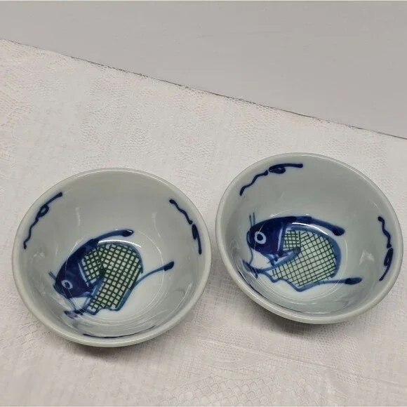 Vintage Asian Koi Catfish Carp Fish Porcelain Handpainted Rice Bowls Set Of 2