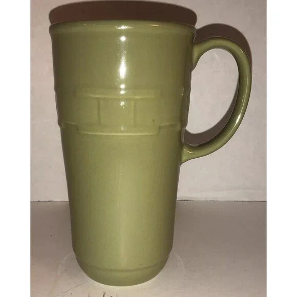 Longaberger Vitrified Pottery Green Coffee Mug Basket Weave Design 6 1/4