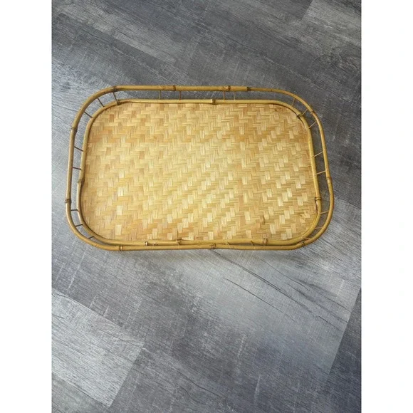 Vintage Woven Bamboo Rattan Serving Tray Rectangular Boho‎ Coastal Decor 19x13