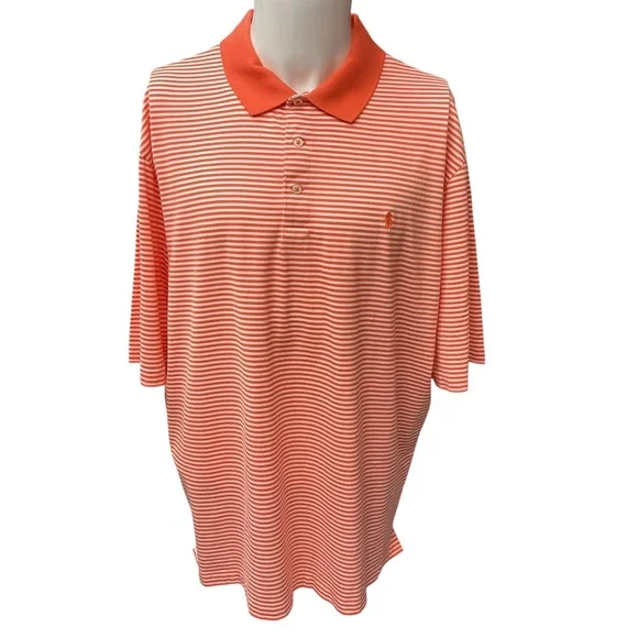 Ralph‎ Lauren Men's Polo Golf Shirt Striped Orange White Short Sleeve Size XL