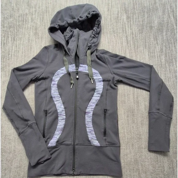 Lululemon Women's Gray Hooded Full Zip Jacket sz 4 Logo Zip Pockets Athletic