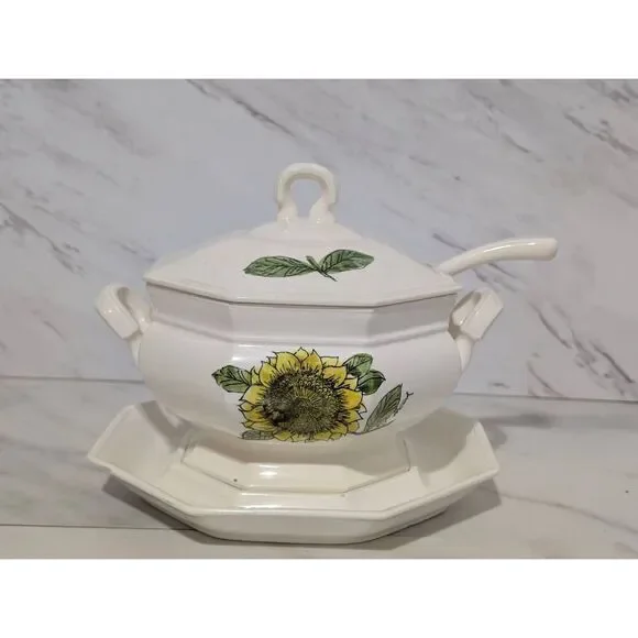 Georges Briard MCM Ceramic Tureen Lid Ladle & Platter Sunflower Pattern