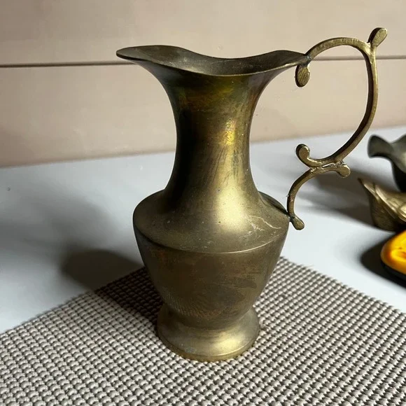 Vintage Solid Brass Pitcher Ornate Scrolled Handle‎ Etched Decorative Vase 7.5in