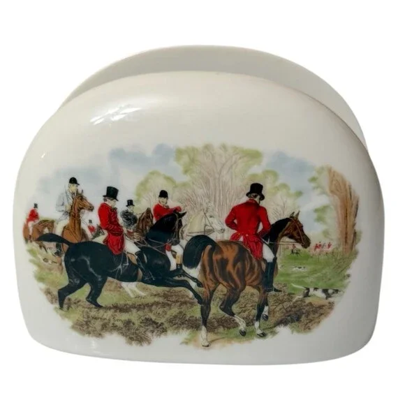 Vintage House of Prill Porcelain Hunt Scene Napkin Holder English Country Horses