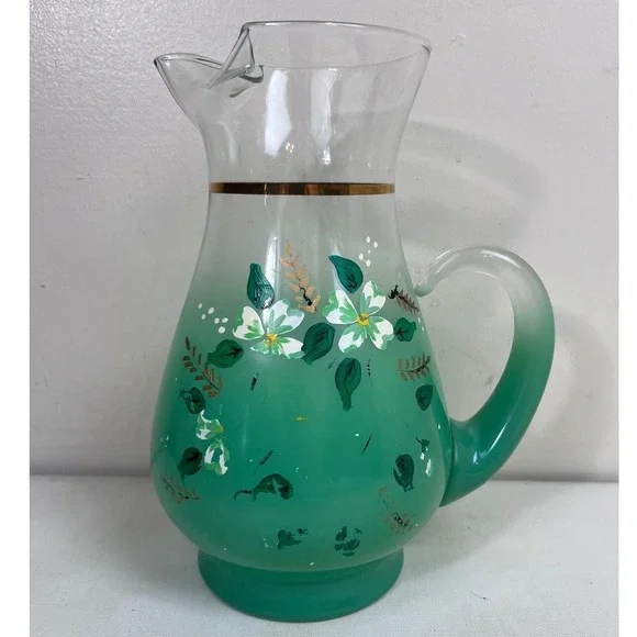 Vintage Floral Pitcher Green Ombre Glass Gold Trim Blendo?‎ West Virginia?