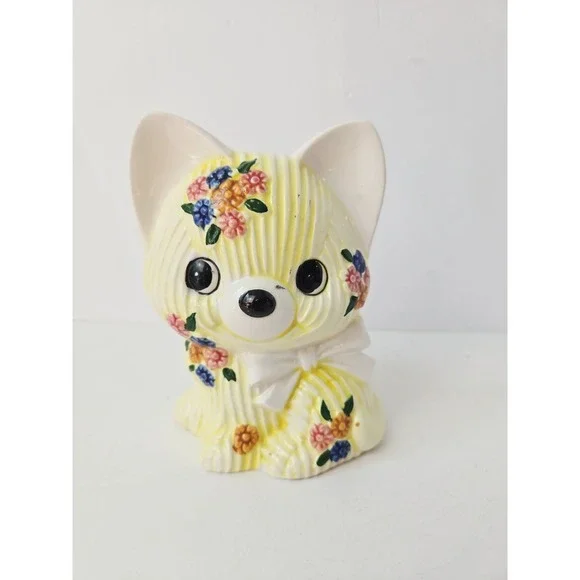 Vintage Napco 9591 yellow‎ cat figurine planter yarn