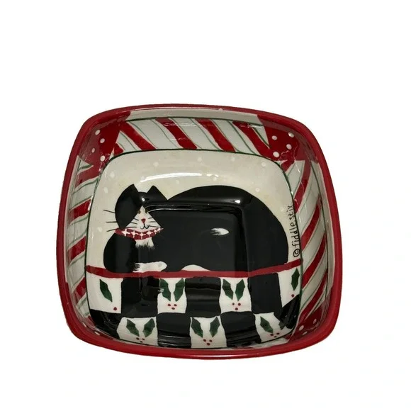 Sakura‎ By Oneida Candy Cane Cat Square Serving Bowl Tuxedo Cat Fiddlesticks 6