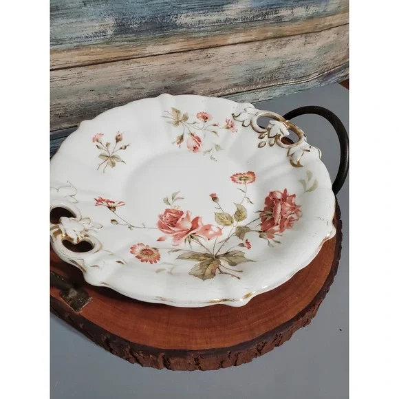Vintage Rose Floral‎ German Porcelain Serving Tray Plate Gold Gilt Handles