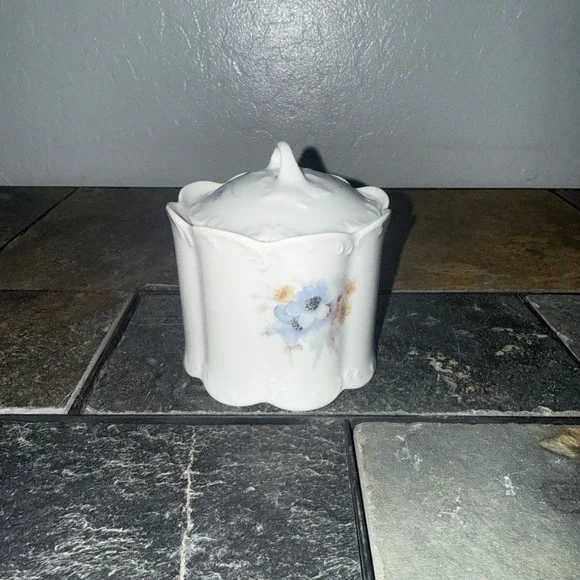 Vintage White Porcelain Floral Sugar Bowl with Lid Scalloped Embossed Scrollwork