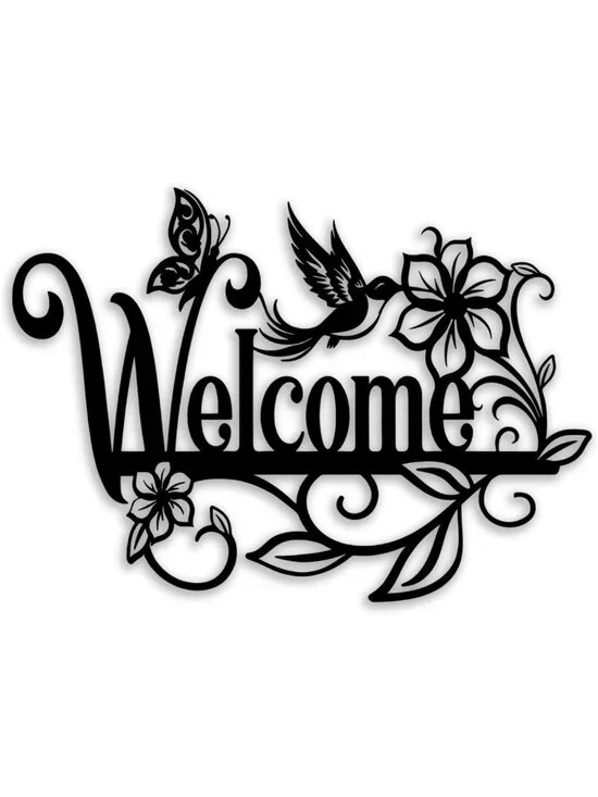Flower Butterfly Welcome Sign Metal Wall Art - Home & Garden Decor for Living