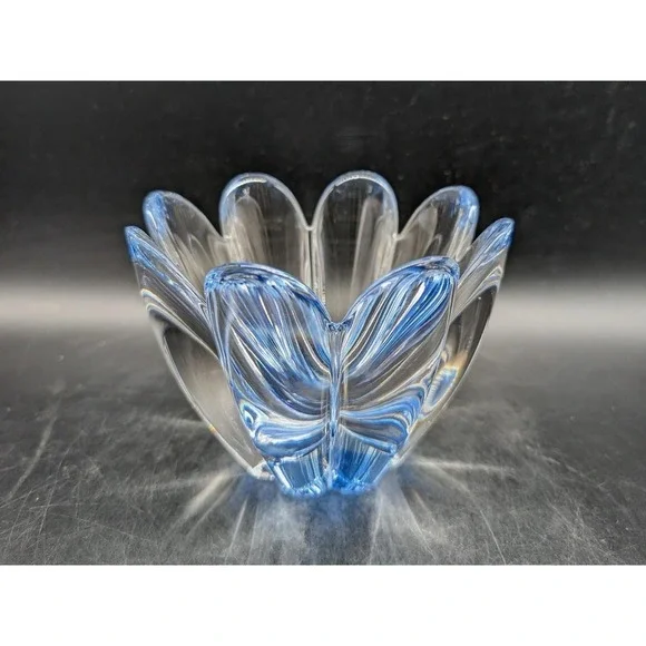 Orrefors Mayflower Crystal Bowl Blue Clear Hand Blown Petal Dish‎ Signed 4