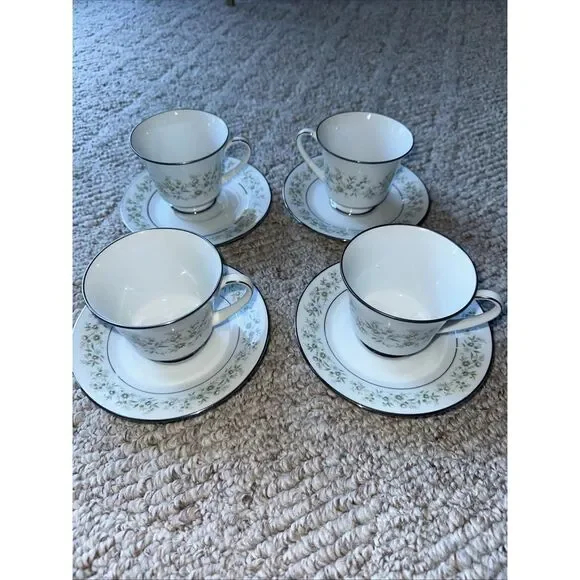 4 Sets Noritake SAVANNAH 2031‎ Tea Cups & Saucers 8-pcs Floral Platinum Rim