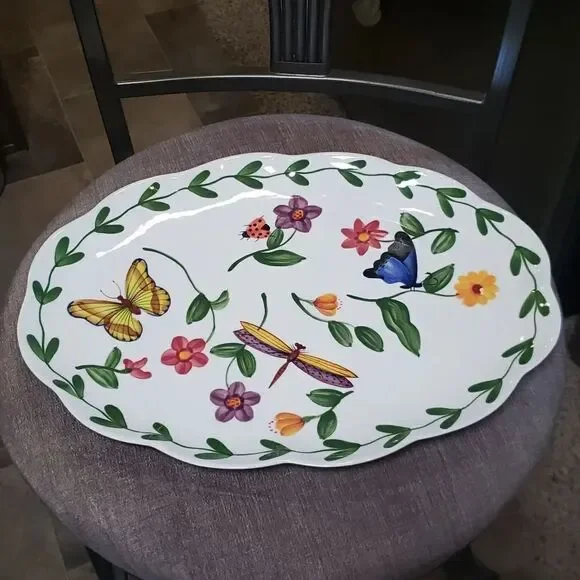 Vintage Handpainted Glazed Ceramic Serving Platter Butterfly Dragonfly Ladybug