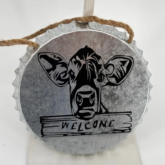 Welcome Sign Wall Decor OS Silver Galvanized‎ Metal Cow Bottle Cap Rustic New