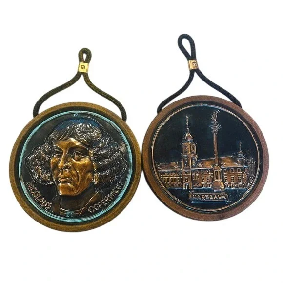 Vintage Polish Copper Relief Wall Plaques Nicolaus Copernicus & Warszawa‎ Set 2