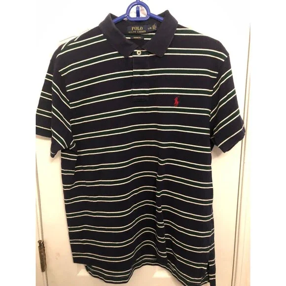 Polo Ralph Lauren‎ Custom Fit Shirt Men's L Navy Blue Striped Red Pony