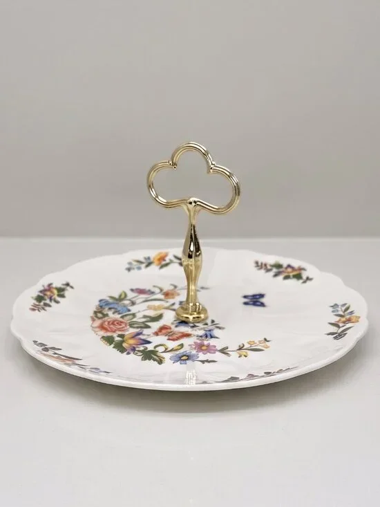 Vintage Aynsley Cottage Garden Bone China Cake Plate Metal Handle Floral England