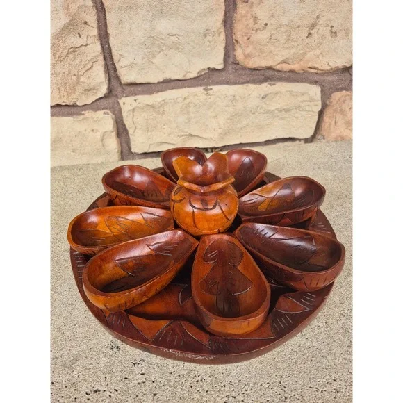 Vintage Hand Carved Wood Snack Serving‎ Set Tray Bowls Mid Century Boho