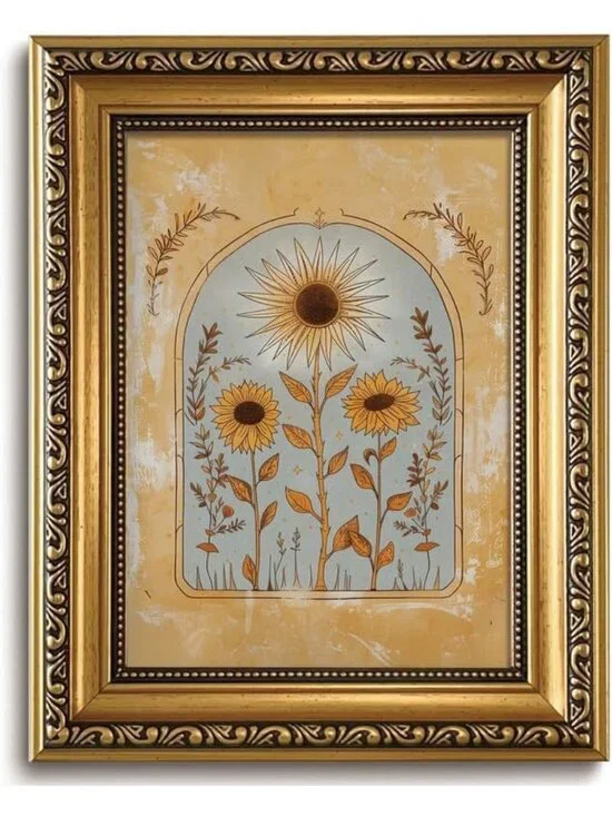 Vintage Yellow Sunflower Wall Art | Gold Framed Boho Botanical Decor