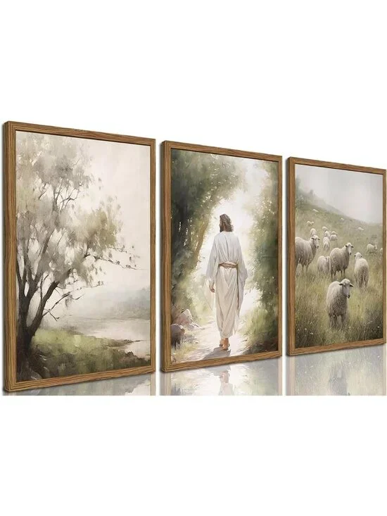 Framed Jesus Leaves the 99 Canvas Art Set of 3 - Christian Wall Decor for Home