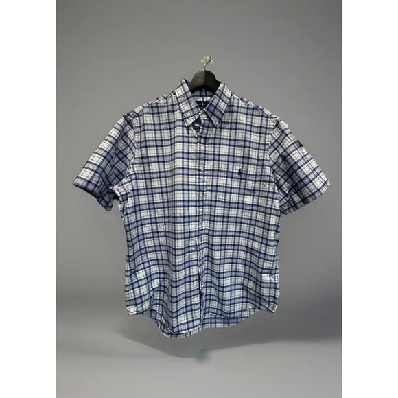 Polo Ralph Lauren Mens Short Sleeve Shirt‎ Sz Large Oxford Plaid Blue Flesh Pony