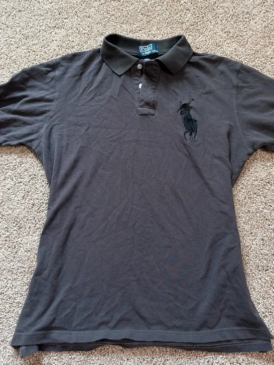 Vintage Ralph Lauren Men's Dark Gray Polo with Embroidered Pony