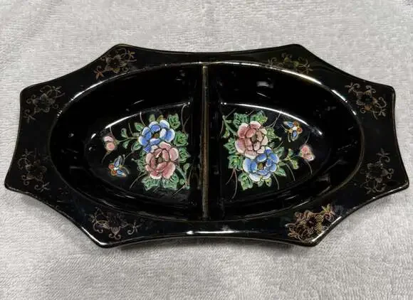 Vintage Handpainted Divided Trinket Dish Black Floral