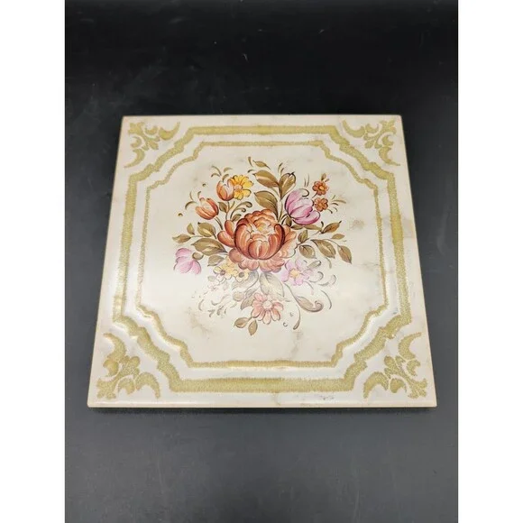 Vintage Victorian Style Floral Ceramic Tile Trivet Embossed Gold Border Hot Pad