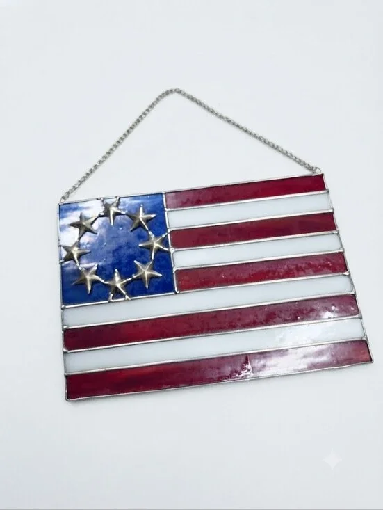 Vintage Stained Glass Betsy Ross 13 Star American Flag Suncatcher - 8