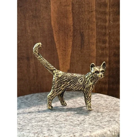 BG9-Miniature brass metal cat standing tail up feline figurine