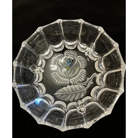 Vintage Imperlux Pressed Crystal Footed Bowl Candy Dish Fluted Edges Etched Rose