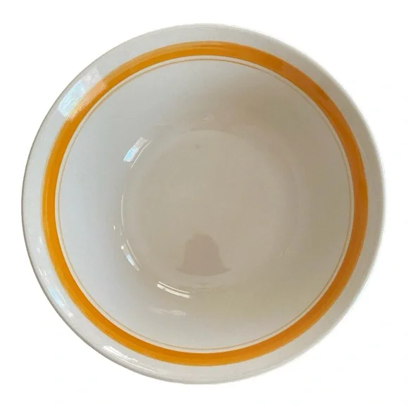 Vintage Cream Stoneware Serving Bowl with Orange Rim Bands