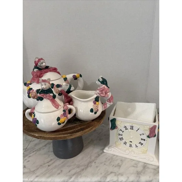 Cat Mouse Applause Inc 5 Pc Set Tea Pot Creamer Napkin Holder‎ Lids Clock Pink