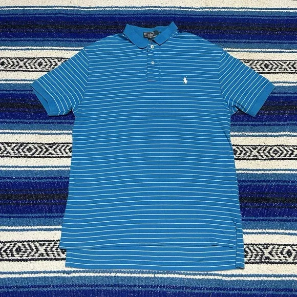Y2K Polo Ralph Lauren Polo Shirt Mens M Blue Stripe Pony Cotton Golf Preppy