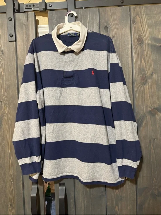 Polo by Ralph Lauren Men's Navy & Gray Striped Rugby Shirt with White Collar