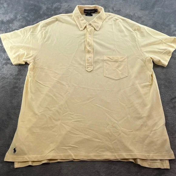 Ralph Lauren Mens Big M Polo Shirt Yellow Cotton Pique Button Down Collar Pocket