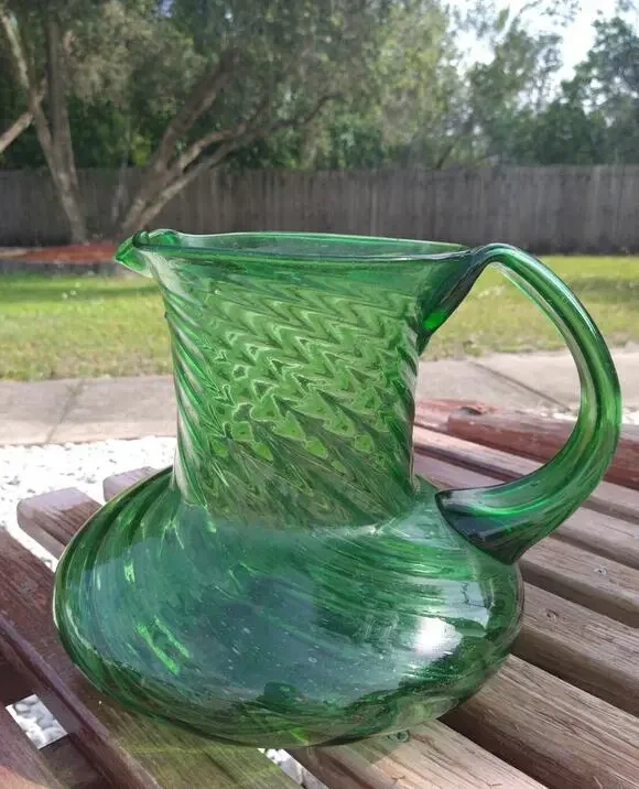 Vintage Hand Blown Large Green Glass Pitcher Ribbed 8.5