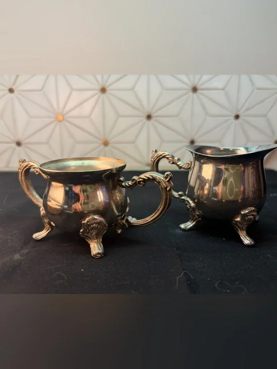 Vintage International Silver Co Silverplate Creamer Open Sugar Bowl Set Ornate