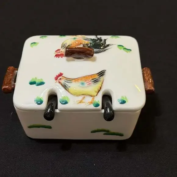 Vintage Hand Painted Japan Rooster Divided Condiment Dish with Spoons