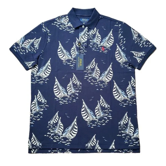 NWT Polo Ralph Lauren Newport Sailboats Size Medium Classic Fit Mens Navy Polo